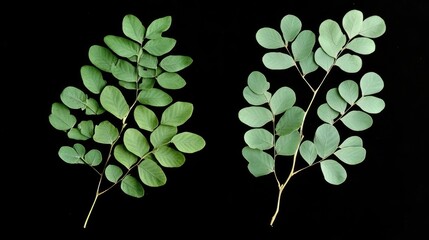 Tamarind leaves arrangement showcasing vibrant green foliage against a contrasting black background for botanical and nature themes