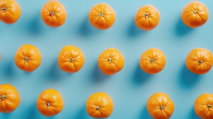 Tangerines arranged in a neat pattern on a vibrant blue background showcasing their bright orange color and unique texture