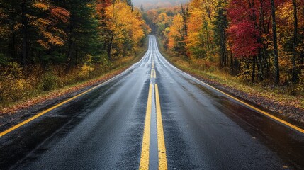 Fototapeta premium Autumn road through a vibrant forest showcasing fall foliage reflecting on a wet pavement under an overcast sky
