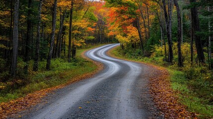 Obraz premium Serene winding road surrounded by vibrant autumn foliage in a lush forest landscape.