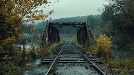 Fototapeta premium Abandoned railway bridge over tranquil watercourse surrounded by autumn foliage and scenic natural landscape
