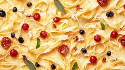 Delicious tagliatelle pasta with assorted toppings including cherry tomatoes and herbs close-up on a textured background