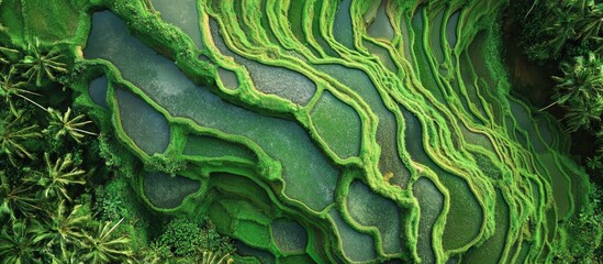 Fototapeta premium Aerial view of lush green rice terraces showcasing intricate patterns and vibrant landscape in a serene agricultural environment.