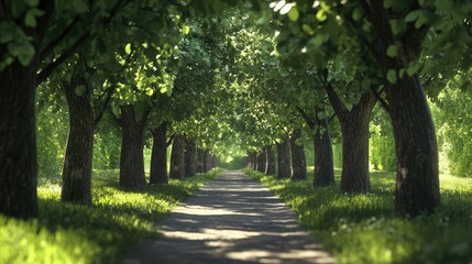 Fototapeta premium Lush green tree-lined path leading to a serene wooded corridor in a peaceful natural setting