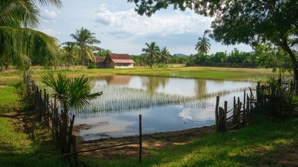 Fototapeta premium Lush green rice field reflecting a serene landscape with palm trees and a traditional hut under a bright sky in a rural farming area