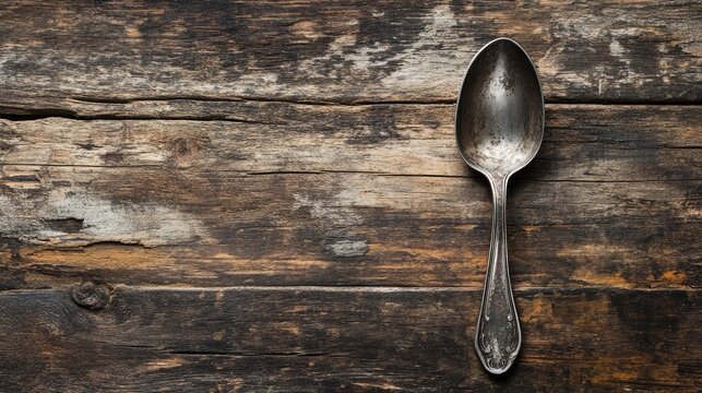 Stainless steel tablespoon on rustic wooden surface showcasing dark brown textures and natural grain patterns.