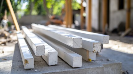 Steel I beams painted white arranged on concrete slab, showcasing raw materials in modern building construction with selective focus.