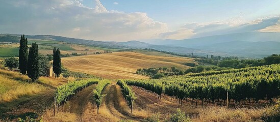 Naklejka premium Breathtaking panoramic view of rolling hills and vineyards in serene countryside landscape during golden hour