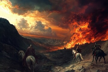 Naklejka premium Cities engulfed in flames as punishment for defiance against divine will. Generative AI