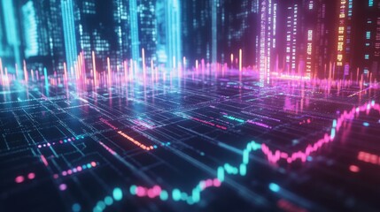 A neon-lit, high-tech stock exchange graph with 2025 statistics and moving candlestick patterns.