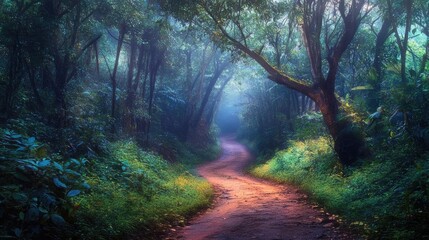 Obraz premium Serene woodland path through lush rain forest with dappled sunlight creating a tranquil and picturesque natural landscape scene