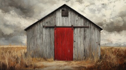 Red Door on Weathered Grey Barn Surrounded by Golden Grass Under Dramatic Cloudy Sky