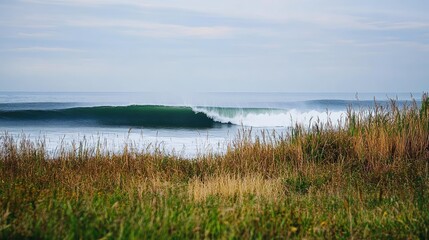 Majestic breaking wave in a tranquil ocean setting with coastal grass foreground under a serene sky
