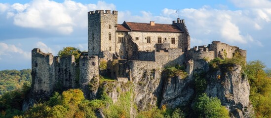 Obraz premium Majestic historical castle perched on a rocky hilltop surrounded by lush greenery and dramatic clouds in the sky