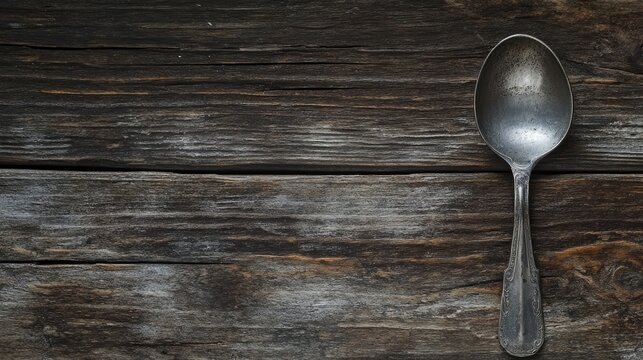Stainless steel tablespoon resting on rustic dark brown wood with textured surface, emphasizing vintage kitchen aesthetics.