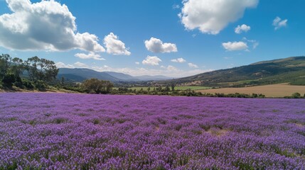 Fototapeta premium Vibrant purple Verbena flower field under a bright blue sky with fluffy clouds in a picturesque valley landscape