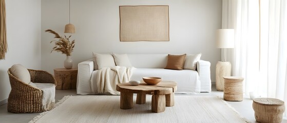 Fototapeta premium Cozy and Minimalist Living Room with Natural Textures, Stylish Furniture, and Warm Tones, Perfect for Modern Interior Design and Home Decor Inspiration