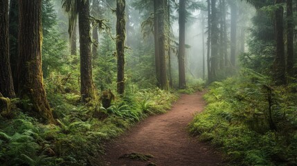 Fototapeta premium Serene woodland path through lush rain forest showcasing tranquil beauty and misty landscapes in fine art photography