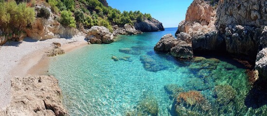 Breathtaking beach with crystal clear turquoise waters and rocky coastline ideal for holidays and relaxation.