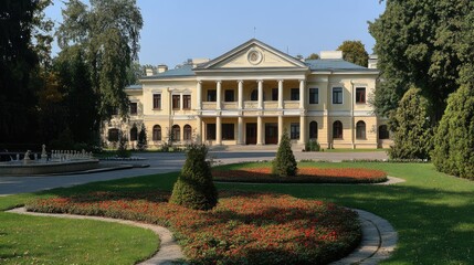 Fototapeta premium Architectural beauty of a historic presidential palace surrounded by manicured gardens and trees in a serene landscape setting.
