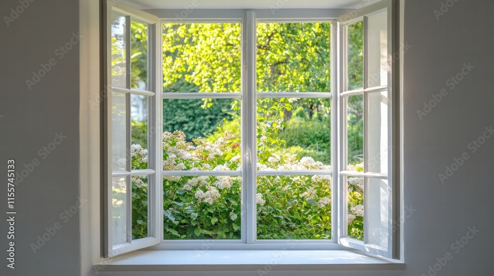 Poster Bright garden visible through open window showcasing lush greenery and blooming flowers in a serene environment. Generative AI