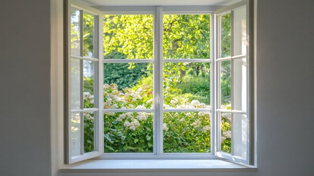 Fototapeta Bright garden visible through open window showcasing lush greenery and blooming flowers in a serene environment. Generative AI