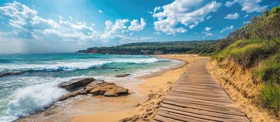 Scenic tropical beach with a wooden boardwalk under a bright blue sky and rolling waves crashing on the shore.