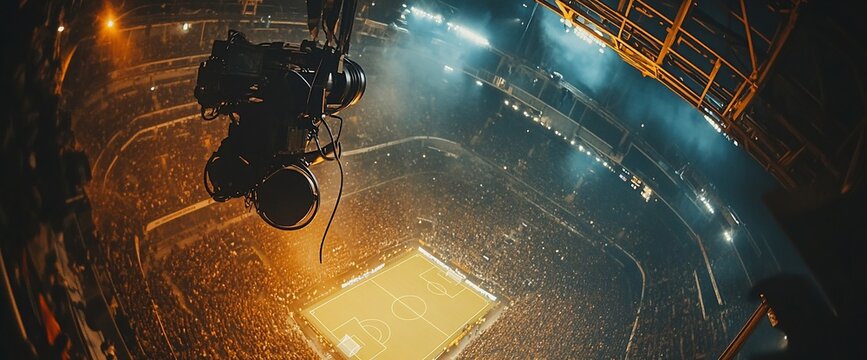Aerial view of a sports arena with a camera capturing the event below.