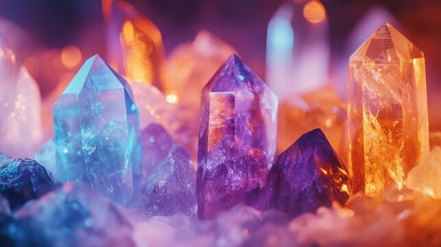Vibrant crystal gemstones intertwined with light creating a serene atmosphere for healing rituals and mindfulness meditation practices