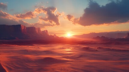 Desert sunset over Monument Valley showcasing dramatic clouds and vibrant colors illuminating the unique rock formations and expansive landscape.