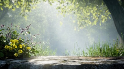 Obraz premium Serene Tabletop with Soft Focus Nature Background and Lush Greenery in a Sunlit Garden Setting