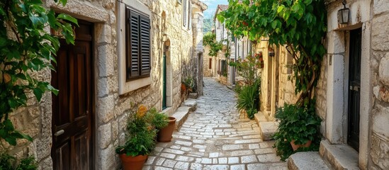 Naklejka premium Charming cobblestone street in a historic Schist village with traditional stone buildings and lush greenery in the Mediterranean sun.