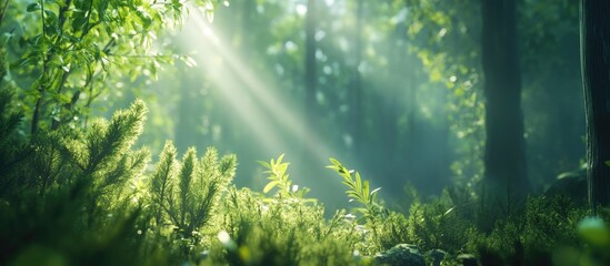 Obraz premium Sunlight filtering through lush green coniferous trees in a serene summer forest scene