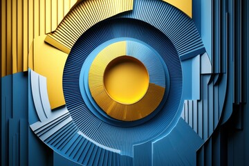 Abstract gold and blue geometric design with concentric circles and layered shapes.