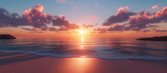 Obraz premium Serene sunset over the ocean with vibrant colors reflecting on calm water and gentle waves lapping at the shore