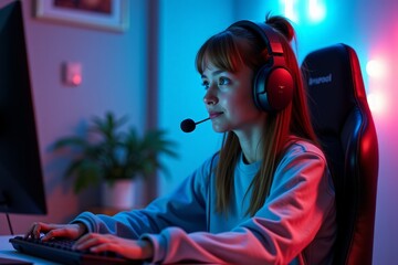 Female gamer in gaming chair illuminated by neon blue and red lighting, wearing headset with microphone while focused on computer screen. 