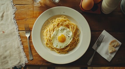 Plate of spaghetti topped with fried egg served on rustic wooden table for a delicious lunch experience