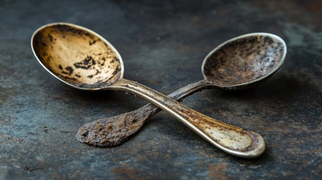 Dirty and tarnished tablespoons resting on a weathered surface reflecting neglect in kitchen cleanliness and the passage of time
