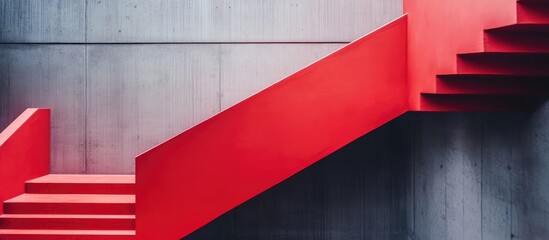Modern staircase design with bold red railings on concrete wall perfect for contemporary interior backgrounds and architectural themes