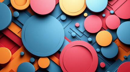 Abstract Geometric Circles: A vibrant and dynamic composition featuring overlapping, multi-colored circles and rectangular shapes in 3D.