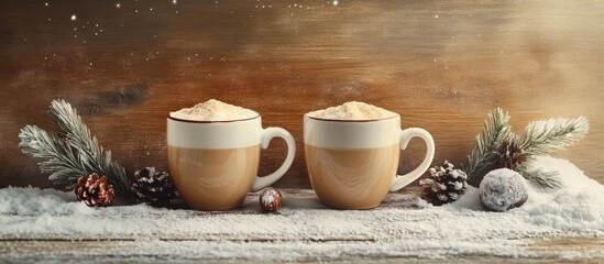Cozy still life with hot chocolate cups surrounded by festive decorations set on a snowy wooden backdrop for a warm winter atmosphere