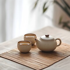 Fototapeta premium Photo of a minimalist tea setup with a ceramic teapot and cups on a bamboo mat