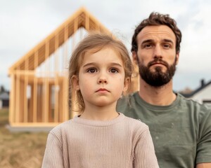 Fototapeta premium Family watching unfinished house structure, architectural style showing exposed framework