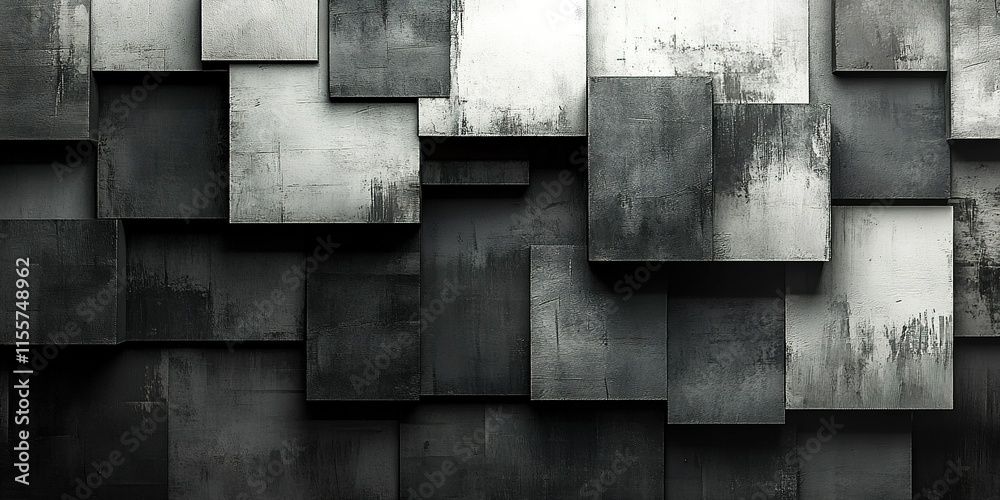 Poster abstract black and white wall with layered rectangular shapes creating a textured design in contempo