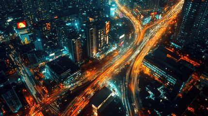 Obraz premium Urban night scene showcasing a vibrant smart city with illuminated roads, buildings, and advanced telecommunication networks in motion.