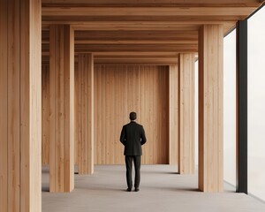 Resident inspecting beams and supports of house, minimalist architectural rendering, progress concept