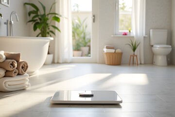 Fototapeta premium Modern bathroom with smart scale and cozy decor in sunlit interior