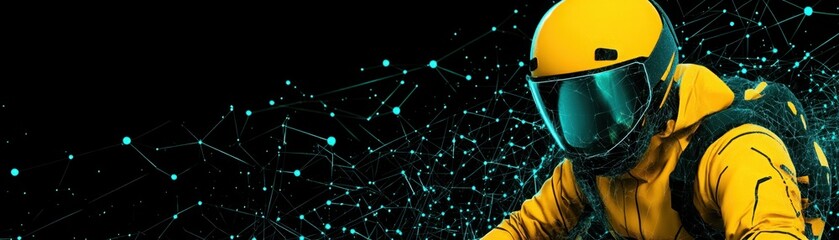 Modern Astronaut with Bright Yellow Suit and Helmet Surrounded by Digital Connections and Network Graphics on a Dark Background