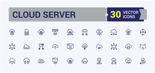 Cloud Server icons set. Includes icons for access, safe, face, computing, technology, connect and more. Isolated icons design. Outline and solid pictogram.