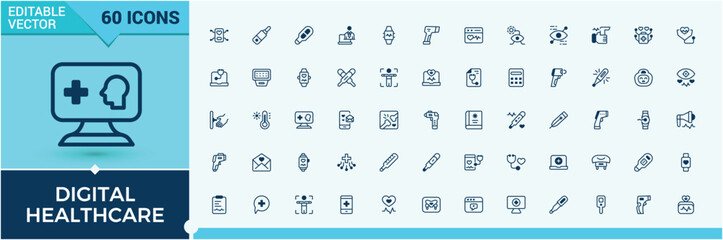 Set of Digital Healthcare line icons. Includes thin line electronic, future, computer, health, smart, care and more. Simple line vector. Vector illustration in modern line style.